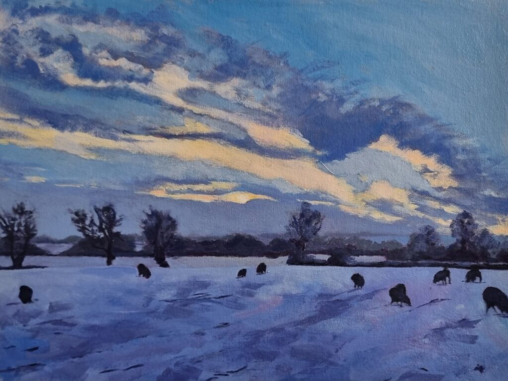 painting of landscape field at early evening with sheep