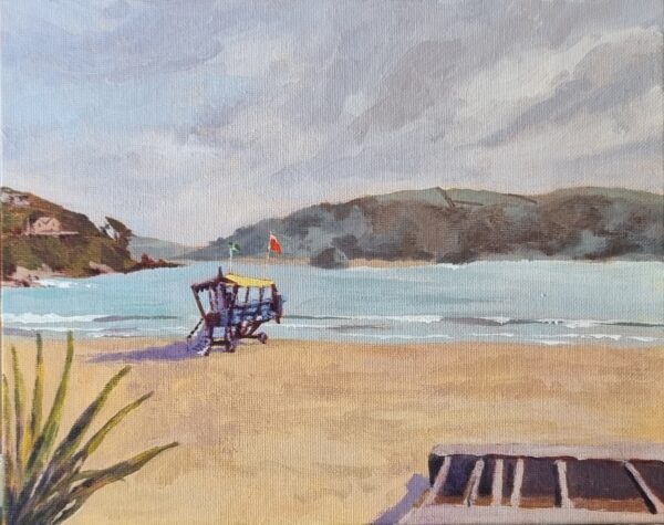painting of ferry tractor on beach by water