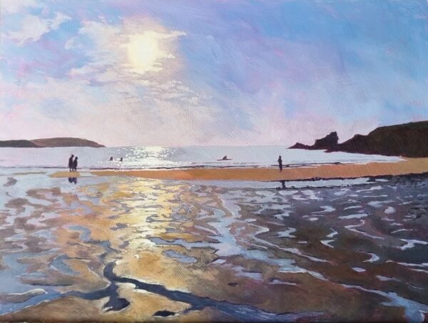 Seascape painting of beach and sun over the sea