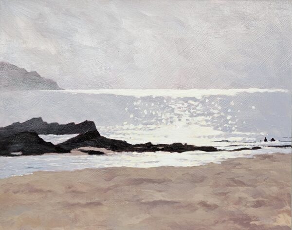 Painting of beach and sea with sunlight on the water