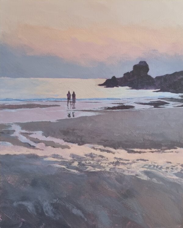 Painting of a couple in the distance on the shoreline of a beach at sunset