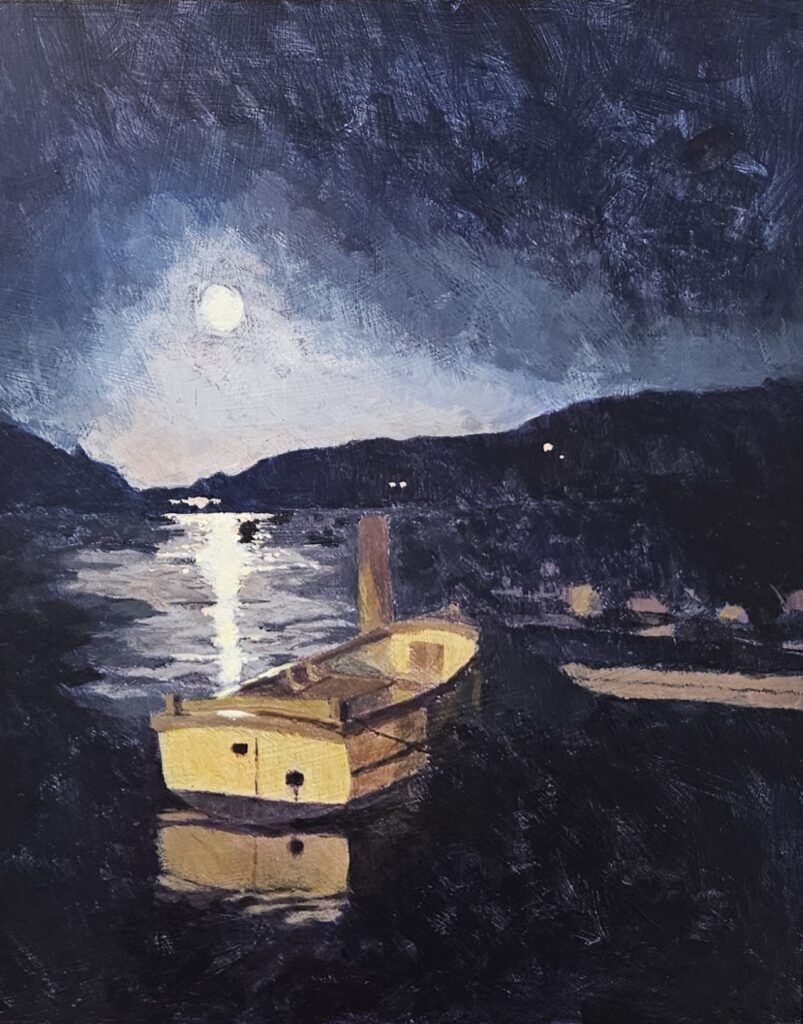 Boat on water at night time with moon casting light across the water and illuminating the boat