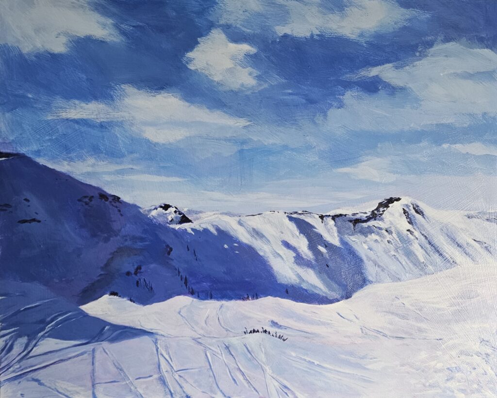 Painting of an snowy mountain range.