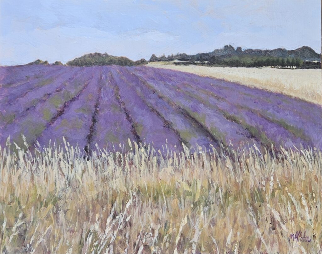 Painting of lavender field with grass and sky above