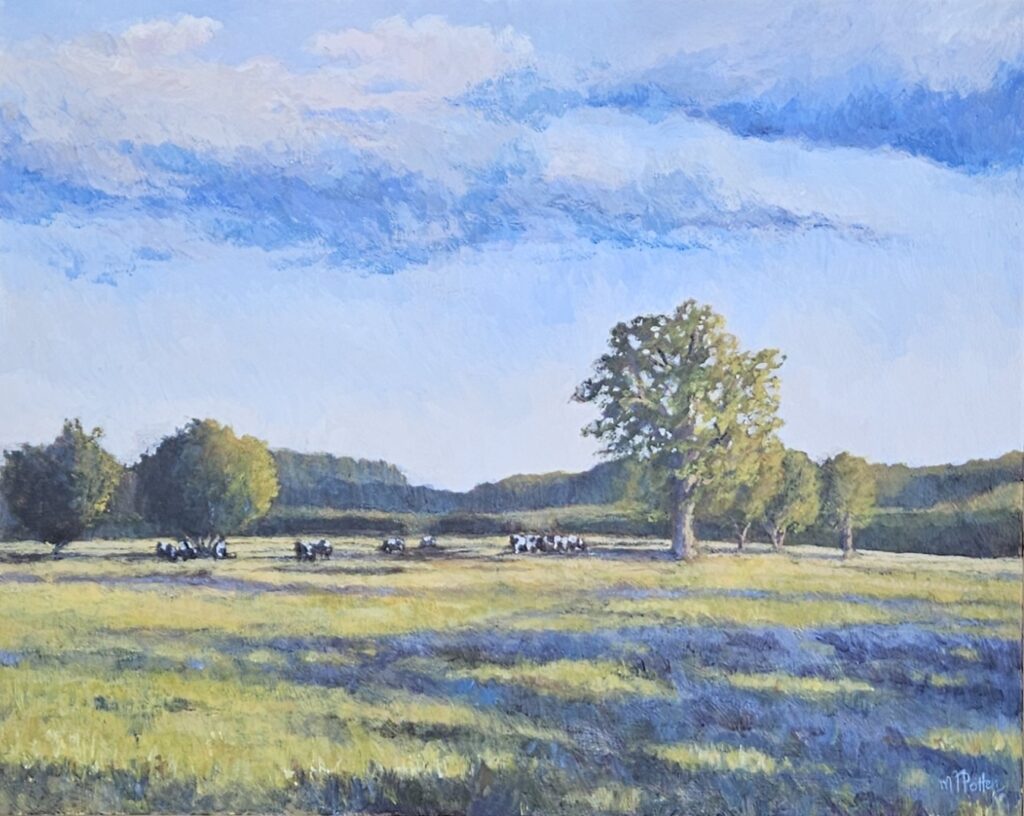 Painting of cows in large landscape with blue sky